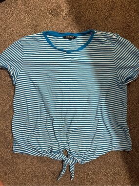 Ralph Lauren Blue and White Striped Tie-Front Crop Tee